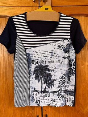 Mixed-Print Navy & White Short Sleeve Tee with Graphic Front